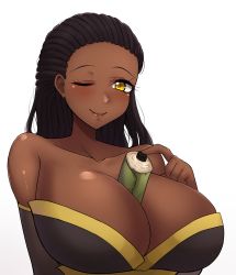 Rule 34 | 1girl, absurdres, baochan, between breasts, black hair, black kimono, blush, breasts, challengia, cleavage, dark-skinned female, dark skin, highres, japanese clothes, kimono, large breasts, long hair, looking at viewer, mistynight, nchans, nchans style, one eye closed, scroll, simple background, smile, white background, yellow eyes