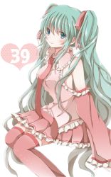 Rule 34 | 1girl, 39, aqua eyes, bad id, bad pixiv id, detached sleeves, green hair, hair ribbon, hatsune miku, heart, highres, hiro (hirohiro31), long hair, necktie, pink thighhighs, ribbon, simple background, sitting, skirt, smile, solo, thighhighs, twintails, very long hair, vocaloid, white background
