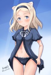 Rule 34 | 10s, 1girl, aleksandra i. pokryshkin, animal ears, artist name, babydoll, bad id, bad twitter id, bear ears, black panties, blonde hair, blouse, blue background, blue eyes, blue hairband, blue shirt, blush, brave witches, breasts, cameltoe, cleft of venus, closed mouth, cowboy shot, crotch seam, frilled panties, frills, gradient background, hairband, haruhata mutsuki, kemonomimi mode, light smile, long hair, looking at viewer, no pants, open clothes, open shirt, panties, ribbon, self exposure, shirt, signature, solo, standing, thigh gap, twitter username, underwear, white ribbon, world witches series