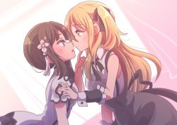 Rule 34 | 2girls, assault lily, black hair, blonde hair, green eyes, hand on another&#039;s chin, hand on another&#039;s shoulder, honkawa works, kuo shenlin, long hair, looking at another, multiple girls, school uniform, side ponytail, wang yujia, yuri, yurigaoka girls academy school uniform
