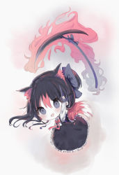 Rule 34 | 1girl, :d, animal ear fluff, animal ears, arm up, aura, bad id, bad pixiv id, black dress, black hair, blue bow, blush, bow, chibi, cottontailtokki, dress, frilled dress, frills, grey background, hair between eyes, hair bow, highres, horns, long hair, long sleeves, multicolored hair, open mouth, original, red bow, red hair, scythe, shirt, sleeveless, sleeveless dress, smile, solo, streaked hair, tail, teeth, upper teeth only, white shirt