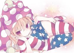 Rule 34 | 1girl, american flag dress, american flag legwear, arm support, blonde hair, blush, clothes pull, clownpiece, collar, frilled collar, frilled shirt collar, frills, gluteal fold, hat, jester cap, long hair, lying, nagi (nagito), on side, pantyhose, pantyhose pull, polka dot, red eyes, solo, striped clothes, striped pantyhose, thigh gap, touhou