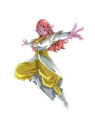 Rule 34 | 1girl, bare shoulders, boots, breasts, chronoa, circlet, colored skin, dragon ball, dragon ball heroes, dragon ball xenoverse, earrings, full body, highres, jewelry, large breasts, long hair, official art, pants, pink hair, pink skin, pointy ears, potara earrings, reaching, reaching towards viewer, shirt, solo, sparkle, white footwear, white shirt, yellow eyes, yellow pants