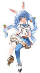 Rule 34 | &gt; &lt;, 1girl, :d, ;d, animal ears, blue bow, blue bowtie, blue hair, blue thighhighs, bow, bowtie, braid, bridal garter, brown eyes, carrot hair ornament, creature, detached collar, dress, extra ears, food-themed hair ornament, full body, gloves, hair bow, hair ornament, hana mori, holding, holding creature, hololive, hololive idol uniform, idol, idol clothes, long hair, looking at viewer, multicolored hair, official alternate costume, one eye closed, open mouth, pekomon (usada pekora), petting, rabbit ears, short eyebrows, simple background, single thighhigh, sleeveless, sleeveless dress, smile, solo, tachi-e, teeth, thick eyebrows, thighhighs, twin braids, twintails, two-tone hair, upper teeth only, usada pekora, very long hair, virtual youtuber, white background, white bow, white dress, white gloves, white hair, xd