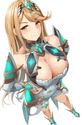 Rule 34 | 1girl, armor, bare shoulders, blonde hair, breasts, cleavage cutout, closed mouth, clothing cutout, commentary request, core crystal (xenoblade), covered navel, dress, elbow gloves, gloves, hand on own hip, highres, large breasts, long hair, looking at viewer, mythra (xenoblade), sail (sail-away), short dress, smile, solo, swept bangs, thigh strap, tiara, white background, white dress, white gloves, xenoblade chronicles (series), xenoblade chronicles 2, yellow eyes