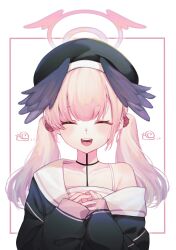 Rule 34 | 1girl, absurdres, beret, black hat, black shirt, blue archive, blush, closed eyes, commentary, facing viewer, halo, hat, head wings, highres, koharu (blue archive), long sleeves, low twintails, open mouth, pink halo, shirt, single bare shoulder, sleeves past wrists, smile, solo, straight-on, tattoo, teeth, tongue, twintails, upper body, white background, wings, yagiusagi