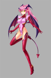 Rule 34 | 1girl, bodysuit, boots, breasts, cameltoe, covered erect nipples, covered navel, demon horns, demon tail, demon wings, high heels, highleg, horns, large breasts, leotard, long hair, md5 mismatch, original, pink hair, pointy ears, ponytail, shiny clothes, slit pupils, solo, tail, utamaru (utamaru143), wings, yellow eyes