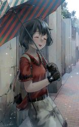 Rule 34 | 1girl, :d, ^ ^, absurdres, adapted costume, backpack, bag, belt, black gloves, black hair, closed eyes, commentary, crack, cracked wall, day, facing viewer, gloves, highres, kaban (kemono friends), kemono friends, leaning, no headwear, open mouth, outdoors, rain, red shirt, shirt, short hair, short sleeves, shorts, signature, smile, solo, striped umbrella, t-shirt, umbrella, watch, water drop, welt (kinsei koutenkyoku), white shorts, wristwatch