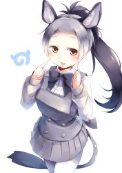 Rule 34 | 10s, 1girl, :d, absurdres, animal ears, black hair, bow, bowtie, brown eyes, commentary request, donkey (kemono friends), donkey ears, donkey tail, extra ears, forehead, grey hair, highres, japari symbol, kanzakietc, kemono friends, long hair, long sleeves, looking at viewer, multicolored hair, open mouth, pantyhose, pleated skirt, pointing, pointing at self, ponytail, simple background, skirt, smile, solo, white background
