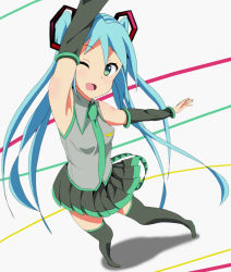Rule 34 | 1girl, aqua hair, arm up, armpits, bad id, bad pixiv id, boots, detached sleeves, green eyes, hatsune miku, kaiman, long hair, necktie, open mouth, skirt, solo, thigh boots, thighhighs, twintails, very long hair, vocaloid, wink