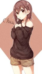 Rule 34 | 1girl, bad id, bad pixiv id, brown eyes, brown hair, candy, character request, food, hair ornament, hairclip, jpeg artifacts, lollipop, long sleeves, looking at viewer, mouth hold, neko sensha, off shoulder, original, short hair, short shorts, shorts, solo, sweater