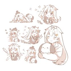 Rule 34 | 1girl, 1other, :3, :d, animal, blush, closed eyes, dog, fang, fever, hair flaps, hair ornament, hair ribbon, hairclip, heart, holding, holding animal, ice pack, injection, kantai collection, long hair, looking at viewer, monochrome, multiple views, open mouth, pajamas, puppy, ribbon, scarf, shakemi (sake mgmgmg), short sleeves, sick, simple background, smile, syringe, under covers, yuudachi (kancolle)