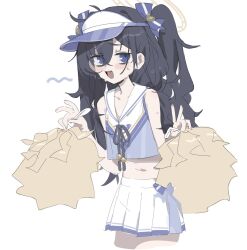 Rule 34 | 1girl, black hair, blue archive, blue eyes, cheerleader, crossed bangs, double v, flat chest, hair between eyes, highres, long hair, midriff, navel, nemo (leafnight), open mouth, pleated skirt, pom pom (cheerleading), simple background, skirt, solo, sweat, twintails, ui (blue archive), v, visor cap, white background