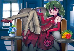 Rule 34 | 1girl, bare shoulders, blush, breasts, couch, covered erect nipples, crotch seam, cupping glass, dress, elbow gloves, female focus, flower, gloves, green hair, impossible clothes, impossible dress, kazami yuuka, legs, panties, panties under pantyhose, pantyhose, reclining, red eyes, short hair, smile, solo, sukiyo, thighband pantyhose, touhou, underwear