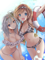 Rule 34 | 2girls, :d, akatsuki hijiri, alternate costume, arm under breasts, bare shoulders, bikini, bikini top only, blue eyes, blush, braid, breasts, brown hair, bubble, checkered bikini, checkered clothes, cleavage, closed mouth, collarbone, commentary request, day, floral print, frilled bikini, frilled bikini top, frills, gluteal fold, grey bikini, hair between eyes, hair down, hair ornament, hairband, headband, innertube, kantai collection, large breasts, leaning forward, light brown hair, long hair, looking at viewer, medium breasts, multi-strapped bikini, multiple girls, navel, open mouth, outstretched arm, plaid, plaid bikini, plaid hairband, propeller hair ornament, side ponytail, sidelocks, silver hair, smile, sparkle, stomach, suzutsuki (kancolle), swim ring, swimsuit, teruzuki (kancolle), twin braids, water drop, white bikini
