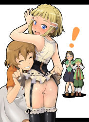 Rule 34 | !, 10s, 1boy, 3girls, ass, assisted exposure, back, blonde hair, blue eyes, blush, bottomless, casual, clothes lift, covering own eyes, covering own mouth, fam fan fan, full-face blush, giselle collette vingt, last exile, last exile: gin&#039;yoku no fam, millia il velch cutrettola turan, multiple girls, no panties, skirt, skirt lift, teddy (last exile), thighhighs, yunsuku, yuri