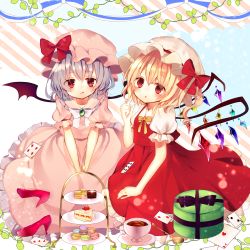 Rule 34 | 2girls, :q, bad id, bad pixiv id, bat wings, blonde hair, brooch, cake, card, chui lingpii, cup, dress, flandre scarlet, food, hair between eyes, hat, high heels, jewelry, light purple hair, looking at viewer, macaron, mob cap, multiple girls, open mouth, pink dress, playing card, puffy short sleeves, puffy sleeves, red dress, red eyes, remilia scarlet, shoes, unworn shoes, short hair, short sleeves, sitting, smile, spoon, striped, striped background, teacup, tiered tray, tongue, tongue out, touhou, v arms, wings