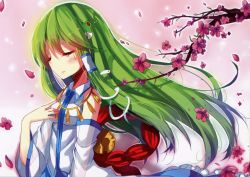 Rule 34 | 1girl, absurdres, blush, cherry blossoms, closed eyes, detached sleeves, frog hair ornament, gradient background, green hair, hair ornament, hair tubes, hecha (01964237), highres, image sample, japanese clothes, jewelry, kochiya sanae, long hair, long sleeves, miko, necklace, open mouth, petals, pink background, scan, see-through, shirt, skirt, smile, snake hair ornament, solo, touhou, wide sleeves