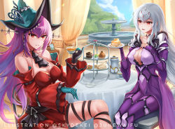 Rule 34 | 2girls, aqua gloves, aqua headwear, arknights, ascot, bare shoulders, breasts, chair, cleavage, cleavage cutout, clothing cutout, cosplay, costume switch, covered erect nipples, crossed legs, cup, detached sleeves, dress, fate/grand order, fate (series), food, gloves, large breasts, long hair, multiple girls, name connection, official alternate costume, plate, red dress, red eyes, scathach (fate), scathach skadi (fate), scathach skadi (fate) (cosplay), scathach skadi (second ascension) (fate), short dress, silver hair, sitting, skadi (arknights), skadi (arknights) (cosplay), skadi the corrupting heart (arknights), skyde kei, smile, sweets, table, tea, tea party, teacup, thigh strap, twitter username