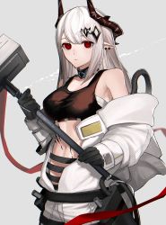 Rule 34 | 1girl, absurdres, arknights, black bra, black gloves, blush, bra, breasts, chest sarashi, cleavage, closed mouth, coat, commentary, cowboy shot, demon horns, ear piercing, expressionless, gloves, grey background, grey hair, hair ornament, hammer, highres, holding, holding hammer, horns, infection monitor (arknights), long hair, looking at viewer, material growth, medium breasts, mudrock (arknights), mudrock (elite ii) (arknights), multiple straps, navel, off shoulder, open clothes, open coat, oripathy lesion (arknights), oxy (ho2), pants, piercing, pointy ears, red eyes, sarashi, simple background, sledgehammer, solo, sports bra, standing, stomach, strap, underwear, white coat, white pants