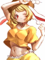 Rule 34 | 1girl, animal ears, arm up, blonde hair, breasts, brown hat, closed mouth, dango, eating, food, hands up, hat, highres, looking at viewer, medium breasts, navel, one-hour drawing challenge, one eye closed, orange shirt, orange sleeves, rabbit ears, red eyes, ringo (touhou), shirt, short hair, short sleeves, shorts, simple background, smile, solo, standing, t-shirt, touhou, wagashi, waramori fuzuka, white background, yellow shorts