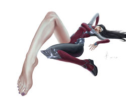 Rule 34 | 1girl, absurdres, barefoot, black hair, blue eyes, feet, foreshortening, highres, irelia, league of legends, long hair, looking at viewer, nail polish, toes