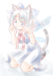 Rule 34 | 1girl, :3, animal ears, cat ears, cat girl, cat tail, cirno, female focus, full body, highres, kemonomimi mode, paw pose, ribbon, shishi tooga, short hair, sketch, solo, tail, embodiment of scarlet devil, touhou, white background, wings