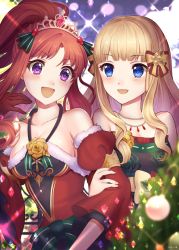 Rule 34 | akino (christmas) (princess connect!), akino (princess connect!), bare shoulders, black bow, blonde hair, blue eyes, blush, bow, breasts, flower, hair bow, hair ornament, highres, jewelry, large breasts, long hair, looking at viewer, multiple girls, open mouth, parted bangs, ponytail, princess connect!, purple eyes, red hair, rokico, saren (christmas) (princess connect!), saren (princess connect!), sidelocks, smile