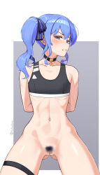 Rule 34 | 1girl, absurdres, alternate costume, arms behind back, bare shoulders, blue eyes, blue hair, blush, border, bottomless, censored, choker, cleft of venus, clenched teeth, collarbone, cowboy shot, female pubic hair, flat chest, gluteal fold, grey background, hair ribbon, highres, hololive, hoshimachi suisei, long hair, matching hair/eyes, navel, pubic hair, pussy, restrained, ribbon, side ponytail, simple background, solo, sports bra, tasty (dudwofla), teeth, thighlet, virtual youtuber, white border