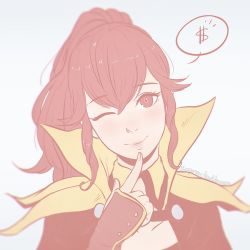 Rule 34 | 1girl, anna (fire emblem), cape, finger to own chin, fire emblem, fire emblem awakening, head tilt, high collar, koyorin, long hair, nintendo, one eye closed, ponytail, red eyes, red hair, simple background, smile, solo