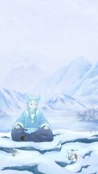 Rule 34 | 1boy, absurdres, aqua eyes, aqua horns, chinese clothes, crossed legs, expressionless, highres, horns, long sleeves, luo xiaohei zhanji, mountain, outdoors, pointy ears, sitting, snow, solo, tree, user eftj5385, wide sleeves, xuhuai (the legend of luoxiaohei)