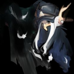 Rule 34 | 00s, 1girl, afterimage, antlers, black background, black hat, blurry, blush, brown eyes, cloak, closed mouth, feathers, fumika, hat, horns, kanikama, long hair, looking at viewer, motion blur, shako cap, shigofumi, silver hair, simple background, smile, solo, upper body
