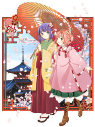 Rule 34 | 2girls, absurdres, architecture, bell, boots, brown footwear, cherry blossoms, commentary request, cross-laced footwear, east asian architecture, flower, full body, geta, hair bell, hair ornament, hieda no akyuu, high heel boots, high heels, highres, holding, holding umbrella, japanese clothes, jingle bell, kimono, koma midori, lace-up boots, long sleeves, motoori kosuzu, multiple girls, oil-paper umbrella, open mouth, outdoors, pagoda, petals, photo background, purple eyes, purple hair, red eyes, red hair, short hair, sky, smile, standing, tabi, touhou, tree, two side up, umbrella, wide sleeves