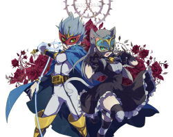 Rule 34 | 1boy, 1girl, :d, animal ears, armor, awaguri, bell, belt, black dress, black gloves, black thighhighs, blue hair, bodysuit, boots, buckle, buttons, cape, cat ears, cat tail, cathy (yu-gi-oh!), claws, double vertical stripe, dress, earrings, fang, flower, forehead jewel, frilled dress, frills, gem, gloves, glowing, greaves, green eyes, grey hair, grey thighhighs, holding, holding weapon, jewelry, jingle bell, leaf, leg lift, long hair, looking at viewer, mask, okudaira fuuya, okudaira fuya, open mouth, paw pose, pinky out, puffy short sleeves, puffy sleeves, red flower, red rose, rose, short hair, short sleeves, simple background, smile, spiked hair, standing, standing on one leg, striped clothes, striped thighhighs, tail, thigh boots, thighhighs, thorns, vambraces, weapon, whip, white background, yellow eyes, yu-gi-oh!, yu-gi-oh! zexal, yuu-gi-ou, yuu-gi-ou zexal, zettai ryouiki