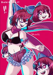 Rule 34 | 1girl, absurdres, ahoge, arm up, bikini, black bikini, blue bow, blush, bow, breasts, character name, cleavage, commentary, disembodied head, english commentary, hair bow, highres, karebu52, medium breasts, multiple heads, navel, open mouth, outline, red background, red eyes, red scarf, scarf, sekibanki, sekibanki (dullahan on the beach), simple background, solo, swimsuit, touhou, touhou lostword, twitter username, white outline
