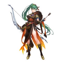 Rule 34 | 1girl, artist request, breasts, earrings, fingerless gloves, fire emblem, fire emblem: the blazing blade, fire emblem heroes, gloves, green eyes, green hair, high ponytail, highres, jewelry, kakage, large breasts, long hair, looking at viewer, lyn (fire emblem), nintendo, official alternate costume, official art, open mouth, ponytail, smile, solo, very long hair, weapon