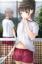 Rule 34 | 2girls, :o, absurdres, bad id, bad pixiv id, blue sky, blurry, blurry background, blush, brown eyes, brown hair, chain-link fence, commentary request, day, depth of field, facing away, fence, gym shirt, gym shorts, gym uniform, highres, holding, long hair, midriff peek, multiple girls, navel, original, outdoors, parted lips, ponytail, racket, red shorts, shii (kairi-t-k0317), shirt, short hair, short shorts, short sleeves, shorts, sky, smelling, smelling clothes, smelling self, sweat, tennis court, tennis net, tennis racket, white shirt