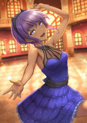 Rule 34 | 1girl, :d, announ (kurotya), arm up, bare shoulders, belt, blue dress, breasts, cleavage, commentary request, dancing, dark-skinned female, dark skin, dress, fate/grand order, fate/prototype, fate/prototype: fragments of blue and silver, fate (series), frilled dress, frills, hair between eyes, hairband, hassan of serenity (fate), highres, indoors, open mouth, outstretched hand, purple eyes, purple hair, short hair, sidelocks, sleeveless, sleeveless dress, small breasts, smile, solo, window