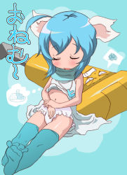 Rule 34 | 1girl, ahoge, animal ears, aqua background, aqua scarf, aqua thighhighs, blue hair, cat ears, closed eyes, clothes lift, clothes pull, dreaming, dress, dress lift, dress pull, eyelashes, feet, fk696, jewelry, legs together, necklace, panties, scarf, sleeping, socks, solo, thighhighs, twit-tan, twitter, underwear