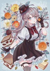 Rule 34 | 1girl, :o, black gloves, black hat, black skirt, blue background, blush, bow, braid, breasts, brown hair, center frills, commentary request, flower, food, frilled skirt, frills, fruit, gloves, green eyes, grey thighhighs, hand up, hat, highres, holding, holding food, long hair, looking at viewer, medium breasts, mini hat, orange (fruit), orange slice, original, parted lips, pleated skirt, puffy short sleeves, puffy sleeves, red bow, red flower, shirt, short sleeves, skirt, solo, suspender skirt, suspenders, suzaku (zaku6584), thighhighs, tilted headwear, two side up, white flower, white shirt, yellow flower