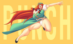 Rule 34 | 1girl, bow, braid, breasts, clothes lift, dress, dress lift, english text, green eyes, hair bow, hat, hong meiling, huge breasts, long hair, looking at viewer, open mouth, orange hair, outstretched arms, panties, pantyshot, puffy sleeves, punching, red hair, short sleeves, simple background, solo, thick thighs, thighs, touhou, uccow, underwear, very long hair