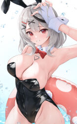 Rule 34 | 1girl, absurdres, alternate costume, animal ears, arm up, armpits, bow, bowtie, breasts, cleavage, detached collar, fake animal ears, fingerless gloves, gloves, grey hair, grin, groin, hair ornament, hairclip, heart pendant, highleg, highleg leotard, highres, holding, holding swim ring, hololive, innertube, iroha (unyun), large breasts, leotard, looking at viewer, medium hair, playboy bunny, rabbit ears, rabbit tail, red bow, red bowtie, red eyes, sakamata chloe, smile, solo, swim ring, tail, virtual youtuber, wet, white gloves, wrist cuffs