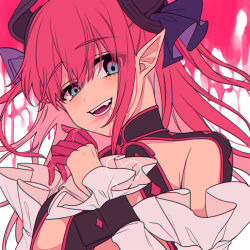 Rule 34 | 1girl, :d, blue eyes, blush, chromatic aberration, curled horns, detached sleeves, dragon horns, elizabeth bathory (fate), elizabeth bathory (fate/extra ccc), elizabeth bathory (first ascension) (fate), fang, fate/extra, fate/extra ccc, fate (series), finger cots, hair between eyes, hair ribbon, head tilt, heart, highres, horns, karokuchitose, long hair, long sleeves, looking at viewer, open mouth, pink hair, pointy ears, purple ribbon, ribbon, smile, solo, teeth, two side up, underwear, upper teeth only, white sleeves