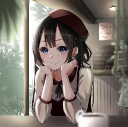 Rule 34 | 1girl, bad id, bad pixiv id, beret, blue eyes, blurry, blush, brown hair, cafe, cup, depth of field, earrings, elbows on table, hair rings, hat, head rest, highres, jewelry, long hair, looking at viewer, onigirisss, original, restaurant, smile, solo