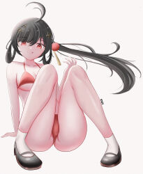 Rule 34 | 1girl, :q, absurdres, ahoge, artist name, bikini, black footwear, black hair, boots, hair ornament, hairclip, highres, long hair, looking at viewer, panties, ponytail, pulao (punishing: gray raven), punishing: gray raven, red bikini, red eyes, ryze (7544), simple background, smile, socks, solo, swimsuit, thighs, tongue, tongue out, underwear, white background