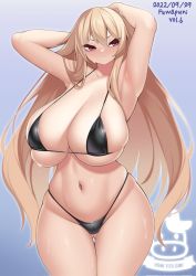 Rule 34 | 1girl, :&lt;, armpits, arms behind head, bikini, blonde hair, blue background, breasts, cow, curvy, english text, gluteal fold, highres, huge breasts, legs, long hair, looking to the side, minai asami, navel, original, red eyes, skindentation, standing, sweat, swimsuit, thick thighs, thigh gap, thighs, wet, wide hips, zasuta
