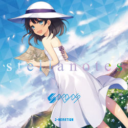 Rule 34 | 1girl, achiki, album cover, bare shoulders, black hair, blue eyes, blue sky, cloud, cloudy sky, cover, day, dress, field, flower, flower field, from behind, grass, hat, highres, holding, looking at viewer, looking back, map, open mouth, original, outdoors, sky, smile, solo, standing, sun hat, sundress, white dress, white flower, white hat