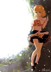 Rule 34 | 1girl, arm support, atoki, backlighting, blonde hair, hand up, highres, light particles, light smile, miniskirt, mizuhashi parsee, pointy ears, scarf, short hair, simple background, sketch, skirt, solo, touhou, twitter username, wind, yellow eyes