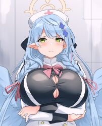 Rule 34 | 1girl, angel wings, arms under breasts, blue archive, blue hair, blue wings, blush, bow, bowtie, braid, breasts, button gap, cross hair ornament, crossed arms, green eyes, hair bow, hair ornament, hair ribbon, hairpin, halo, highres, large breasts, long hair, looking at viewer, low wings, mine (blue archive), multicolored hair, nurse, pink bow, pink bowtie, pink hair, pink ribbon, pointy ears, ribbon, solo, streaked hair, twin braids, wings, yuuichi (reductionblack)