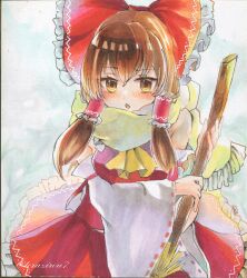 Rule 34 | 1girl, :o, absurdres, bare shoulders, blush, bow, breasts, broom, brown eyes, brown hair, commentary, cowboy shot, detached sleeves, frilled hair tubes, frills, grey background, hair between eyes, hair bow, hair tubes, hakurei reimu, highres, holding, holding broom, long hair, long sleeves, looking at viewer, marker (medium), medium breasts, open mouth, petticoat, red bow, red skirt, red vest, scarf, simple background, skirt, skirt set, solo, straight-on, torajirou (toraneko zirou), touhou, traditional media, vest, wide sleeves